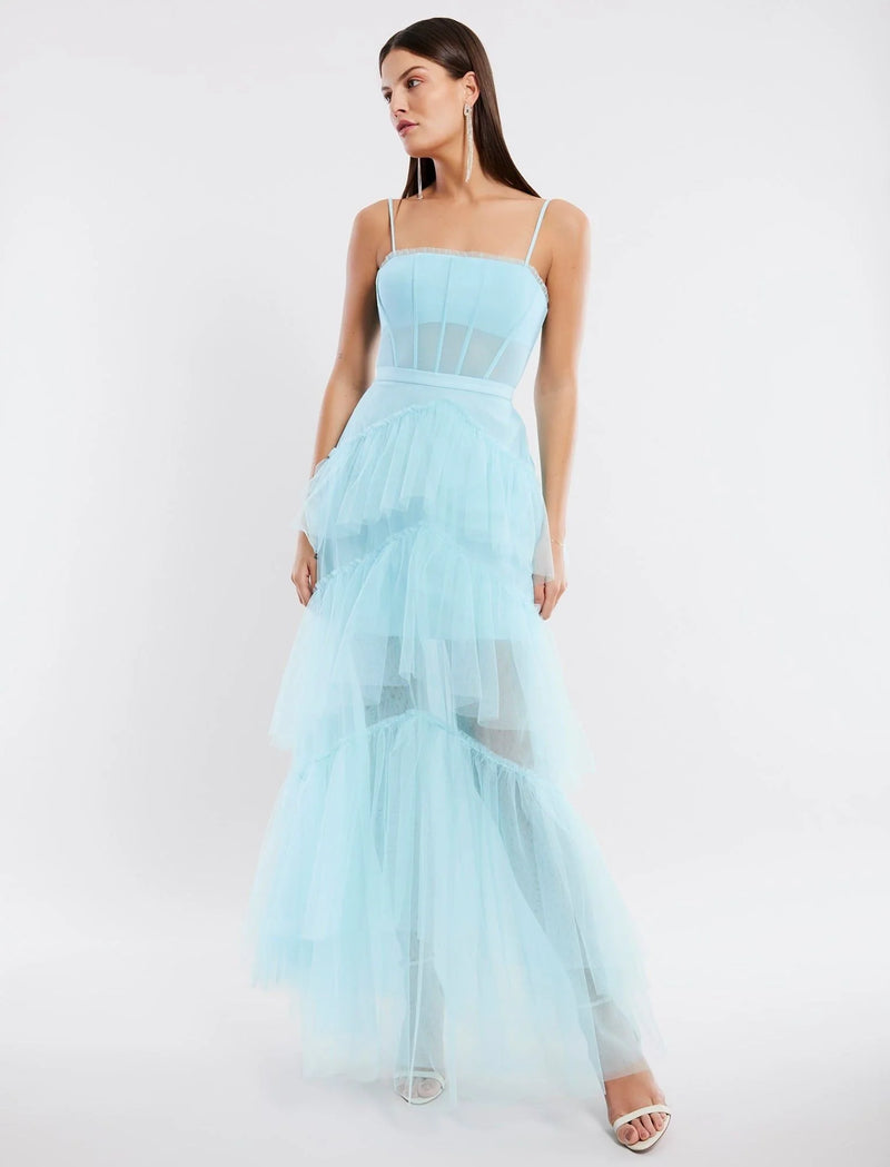 Oly Tiered Ruffle Tulle Evening Gown - Angel Blue