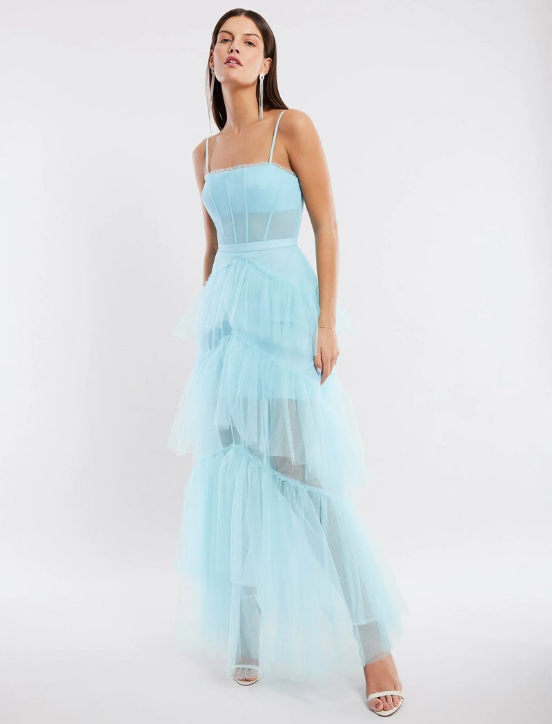 Oly Tiered Ruffle Tulle Evening Gown - Angel Blue