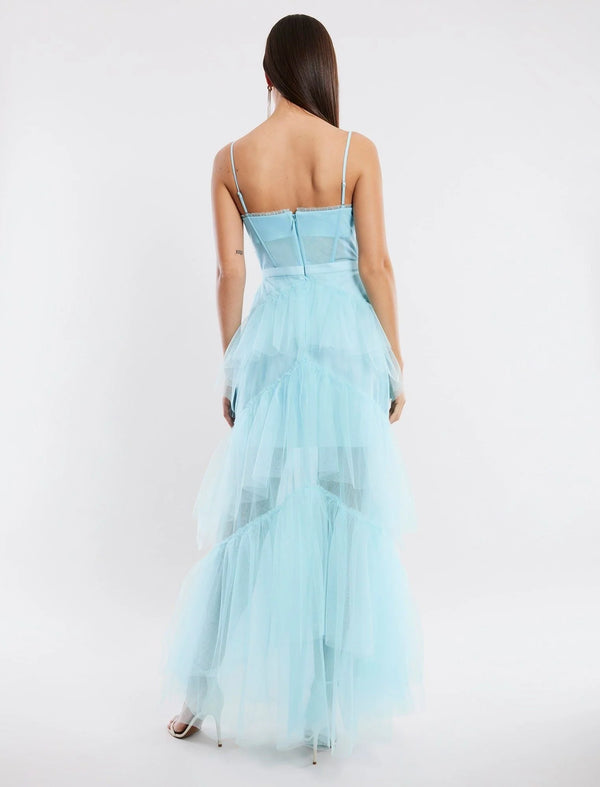 Oly Tiered Ruffle Tulle Evening Gown - Angel Blue