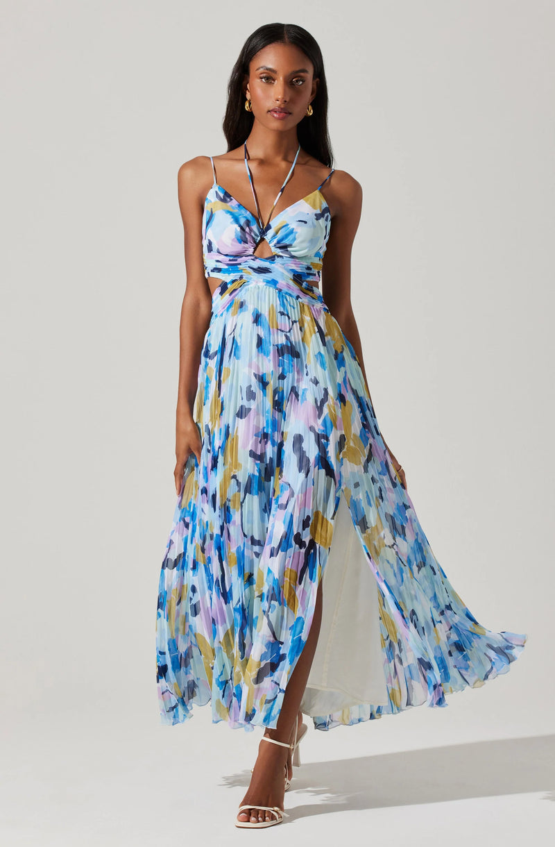 AQUATA FLORAL PLEATED MAXI DRESS