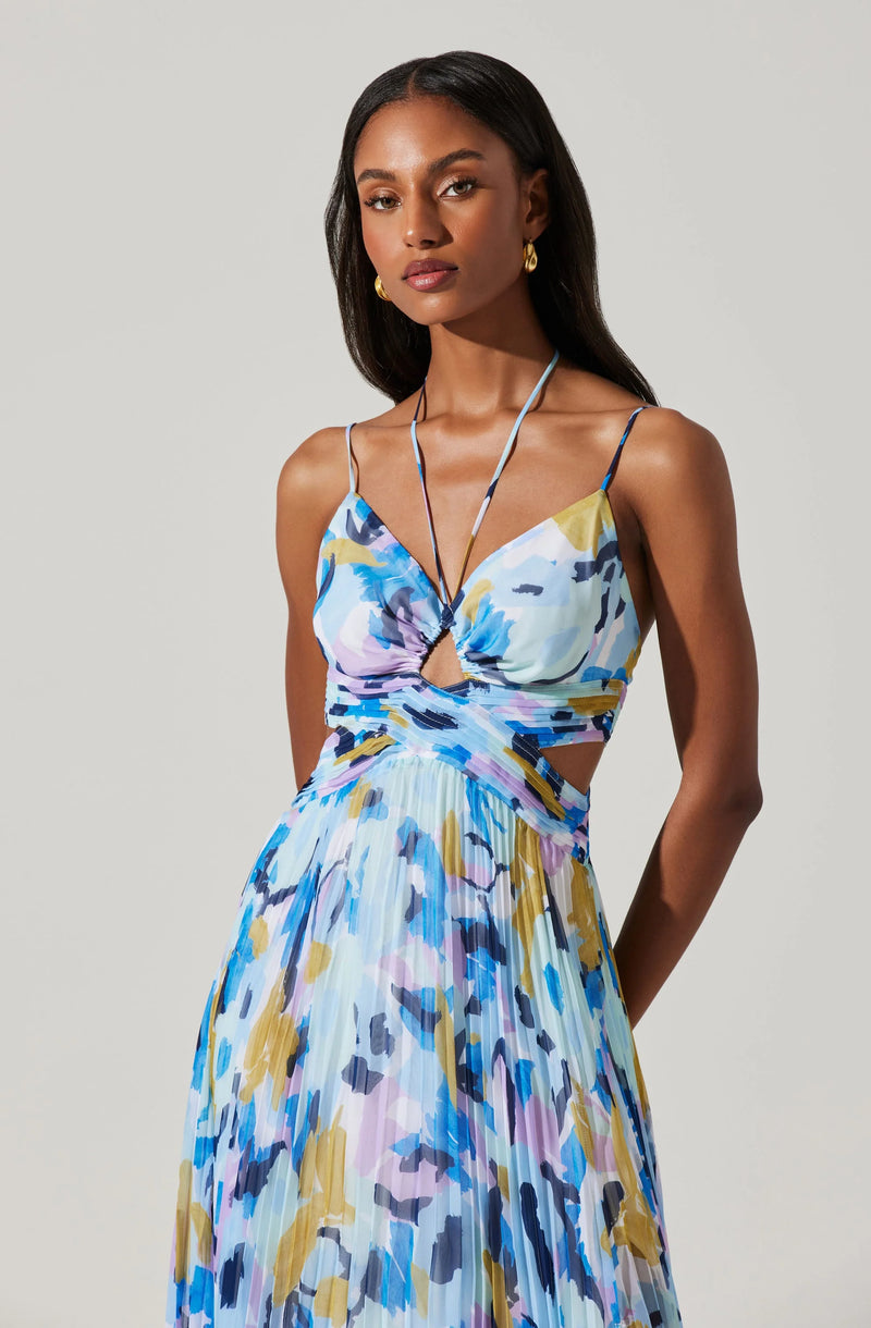 AQUATA FLORAL PLEATED MAXI DRESS