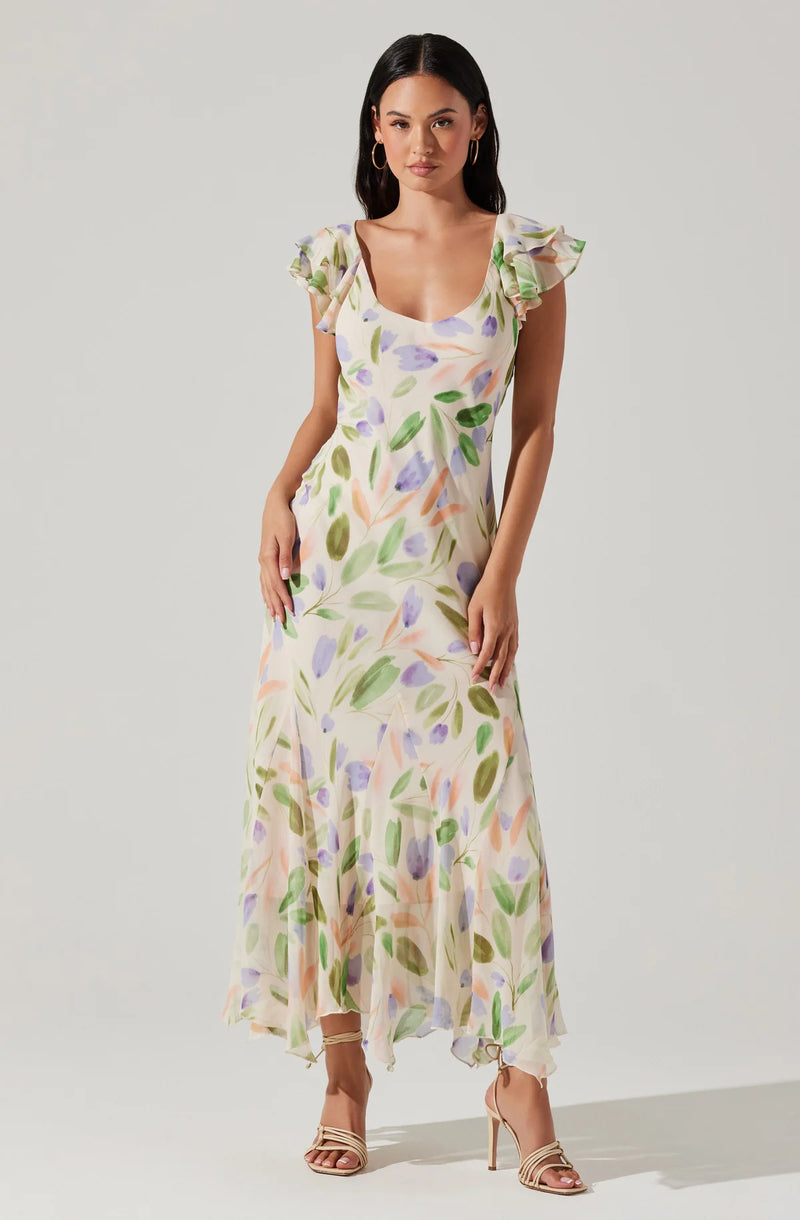 WISTERIA FLUTTER SLEEVE MAXI DRESS