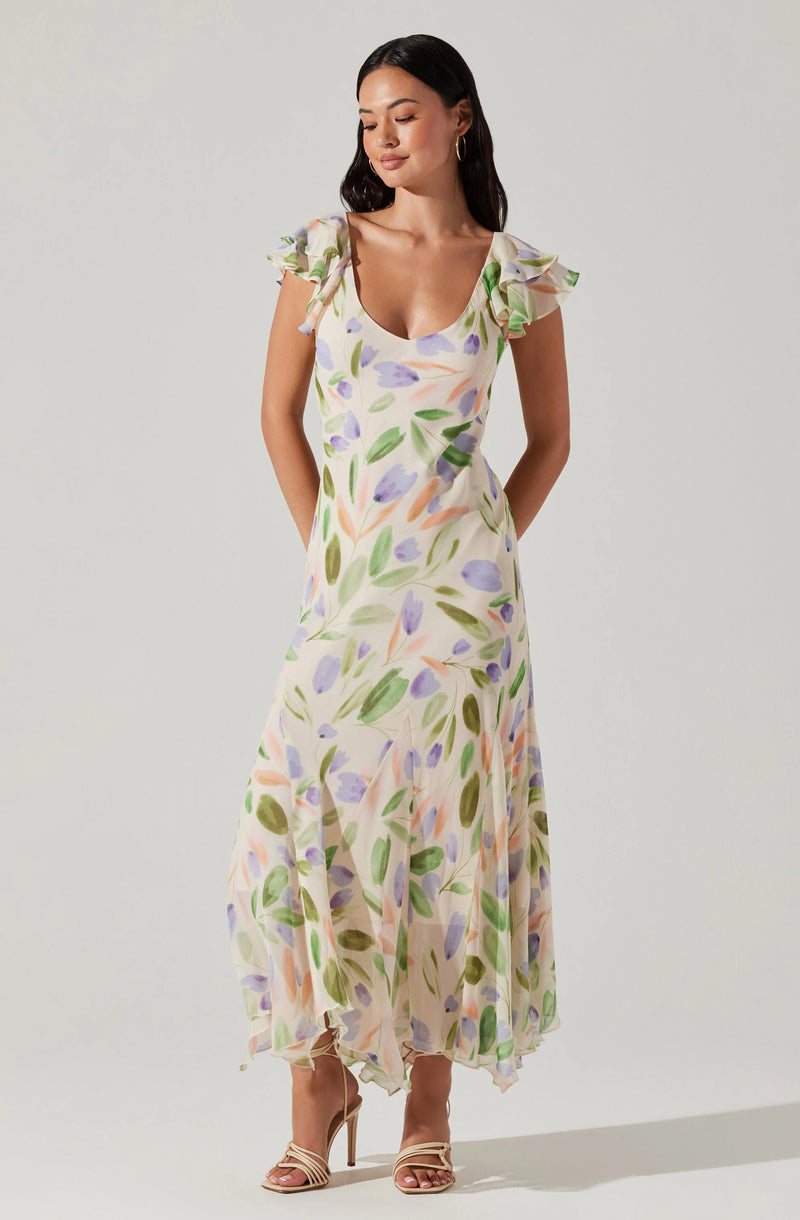 WISTERIA FLUTTER SLEEVE MAXI DRESS