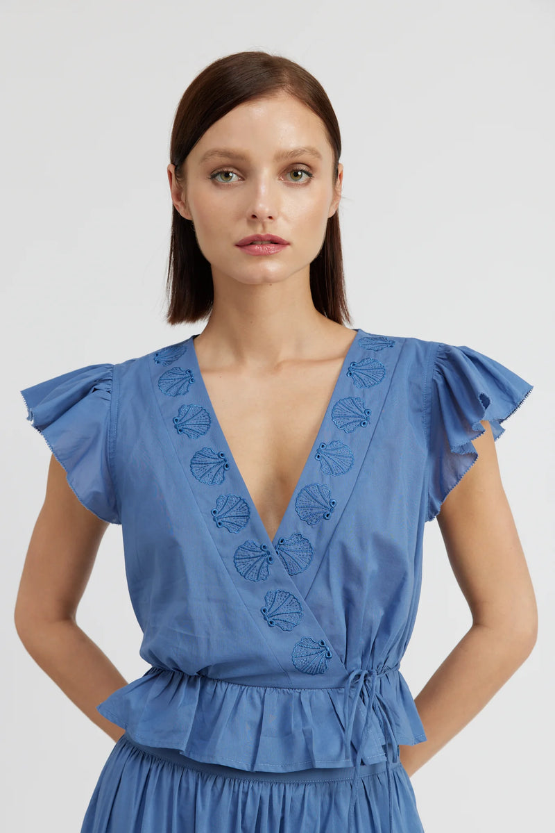 Blue Shell Surplice Flutter Top