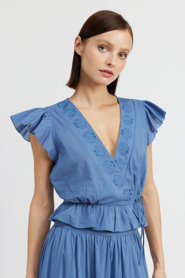 Blue Shell Surplice Flutter Top