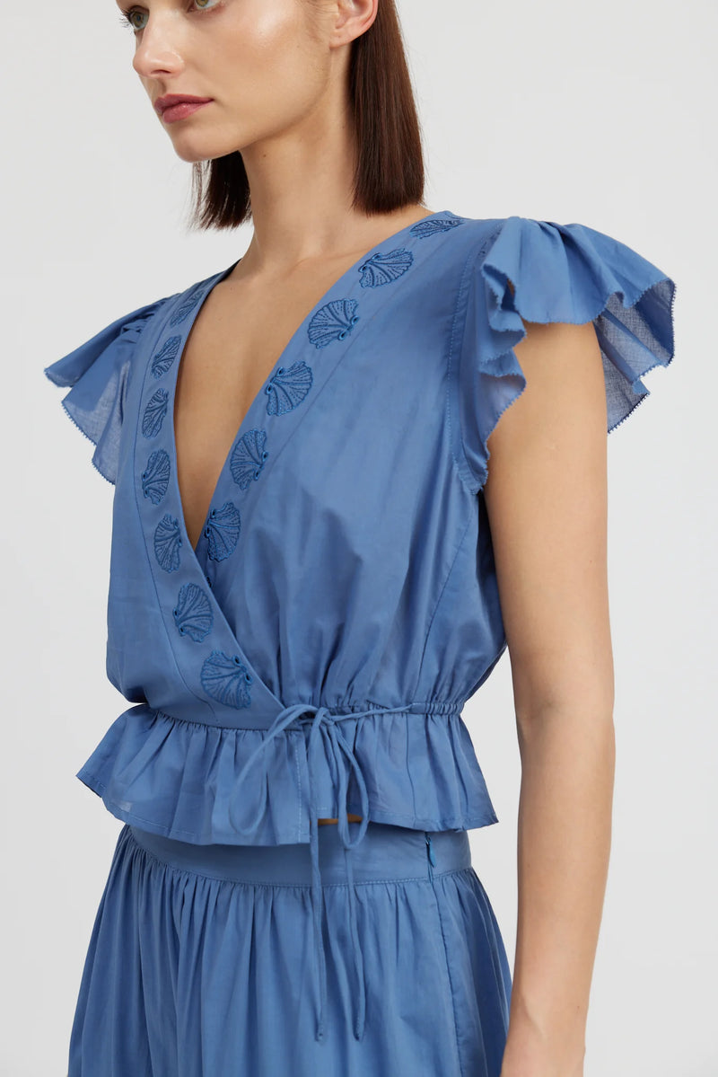 Blue Shell Surplice Flutter Top