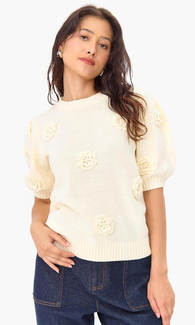 Bria Rosette Puff Sleeve Sweater