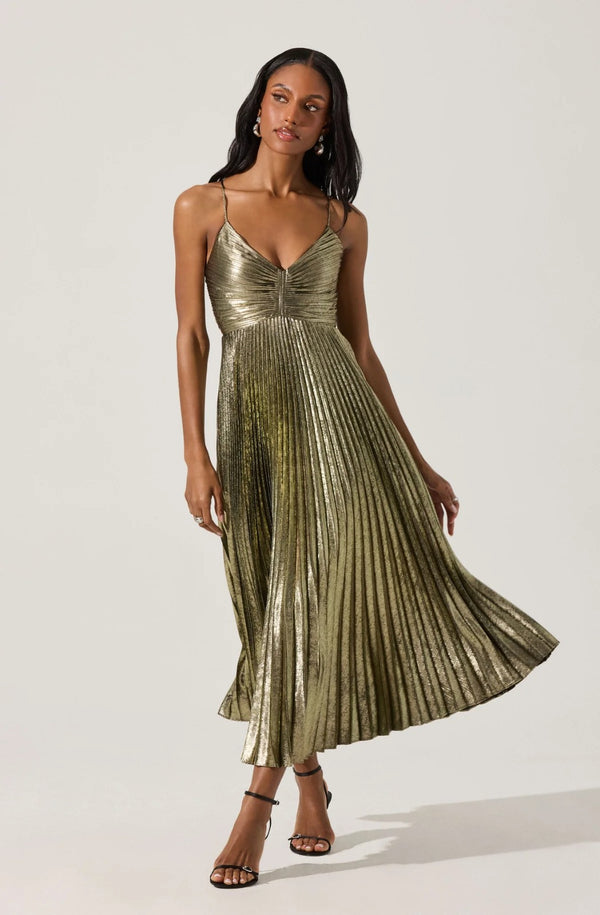 Blythe Metallic Pleated Midi Dress