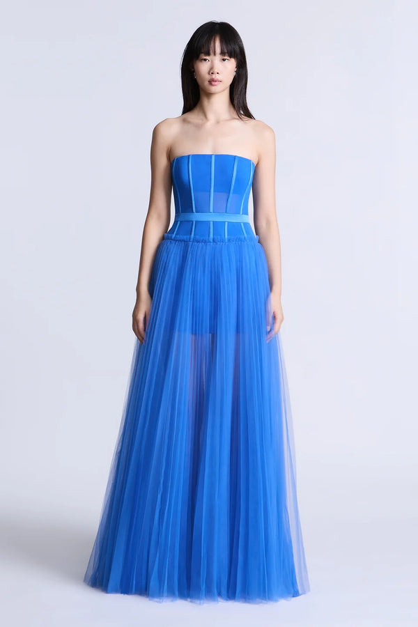 bcbg blue tulle dress BCBG Max Azria Blue Rosette Floral Tulle Strapless Dress Size 2