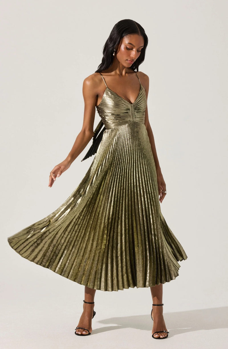 Blythe Metallic Pleated Midi Dress