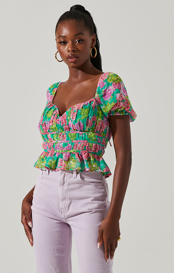 LEIGH FLORAL PLEATED PUFF SLEEVE TOP