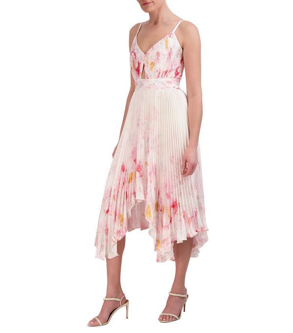 FLORAL PLEATED HIGH AND LOW MIDI DRESS