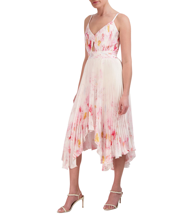 FLORAL PLEATED HIGH AND LOW MIDI DRESS