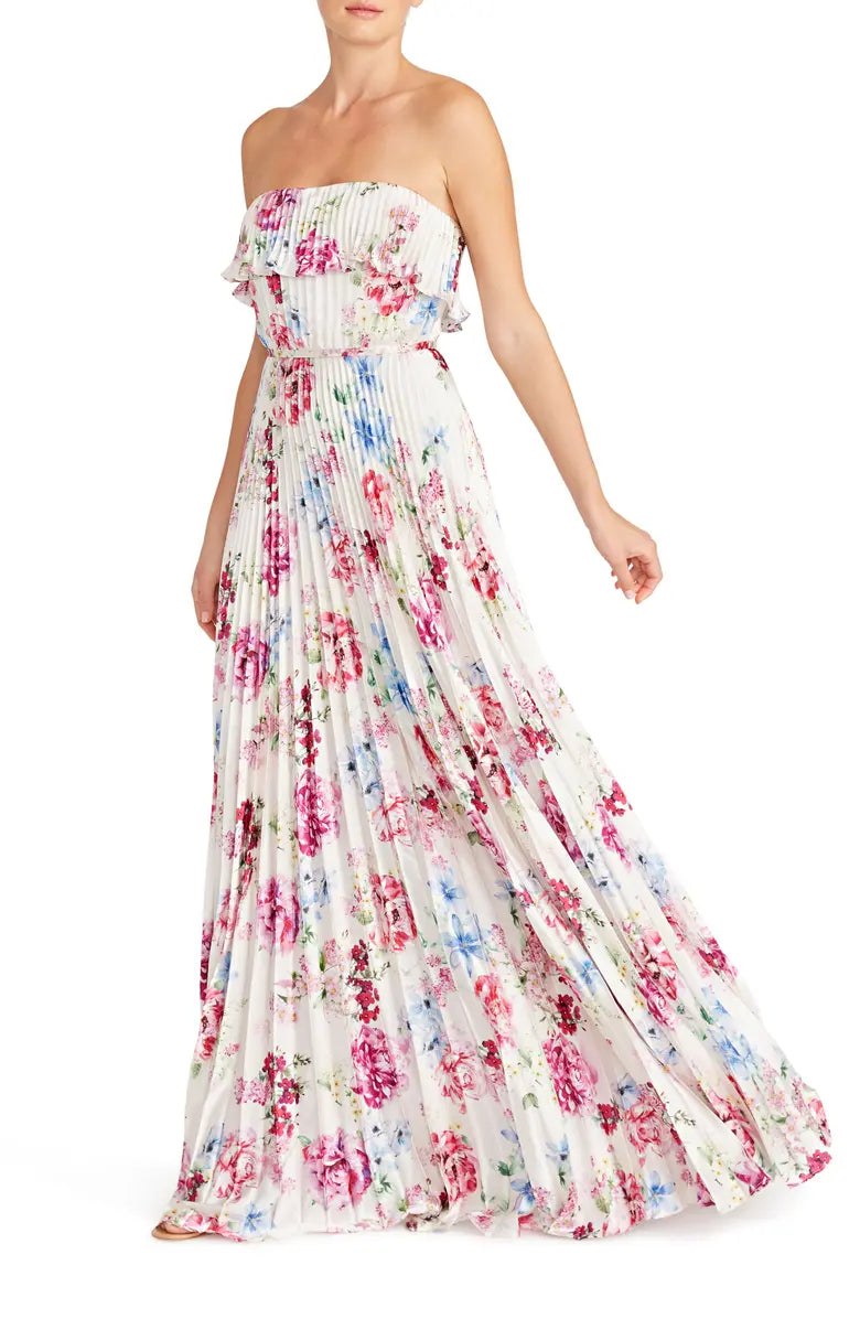 Floral Pleated Satin Strapless Gown