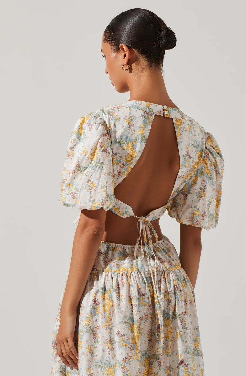 SHELBY FLORAL PUFF SLEEVE OPEN BACK MIDI DRESS
