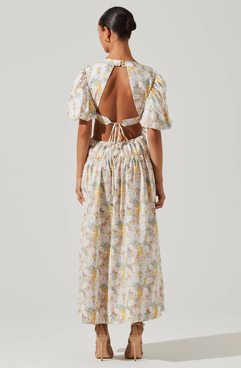 SHELBY FLORAL PUFF SLEEVE OPEN BACK MIDI DRESS