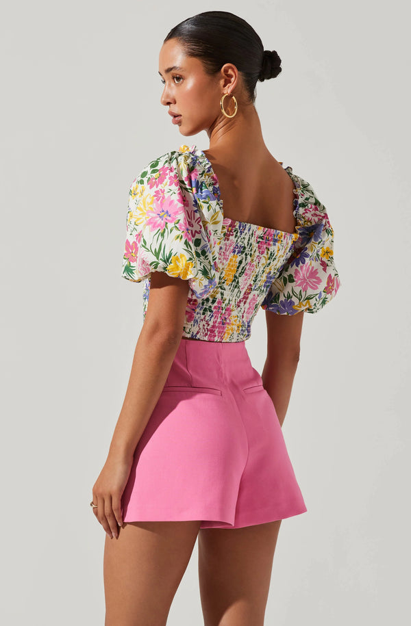 LIN FLORAL PUFF SLEEVE TOP