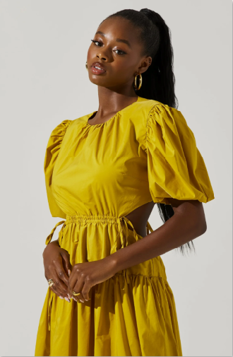 SHELBY PUFF SLEEVE OPEN BACK MIDI DRESS - MUSTARD