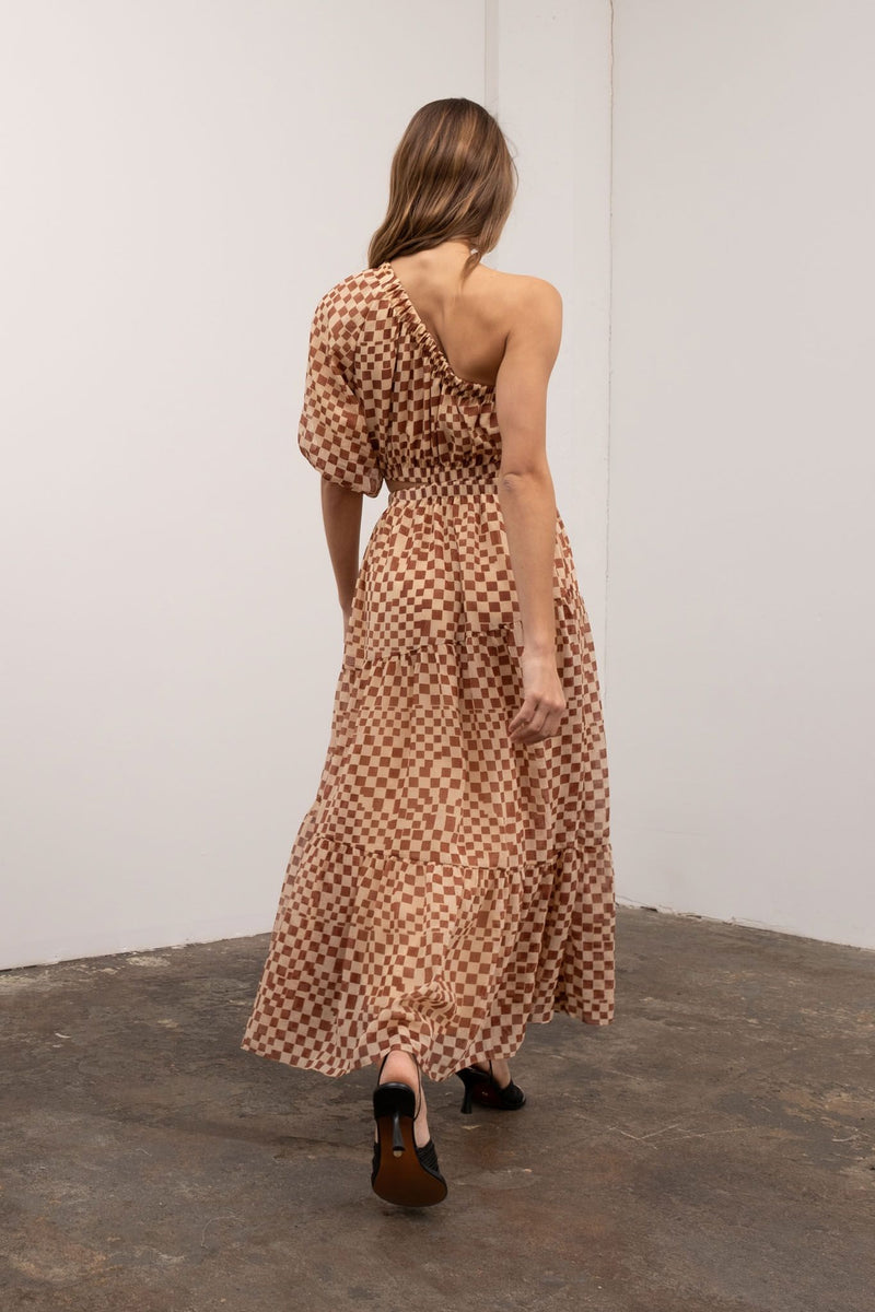 One Shoulder Geometric Checkered Print Dress